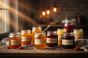 bocaux de miels et de confitures arrière plan chaleureux
